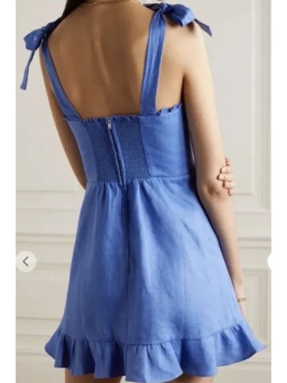 REFORMATION Desiree Linen Mini Dress Dusk Blue US 6 Coquette Smocked - Picture 2 of 13